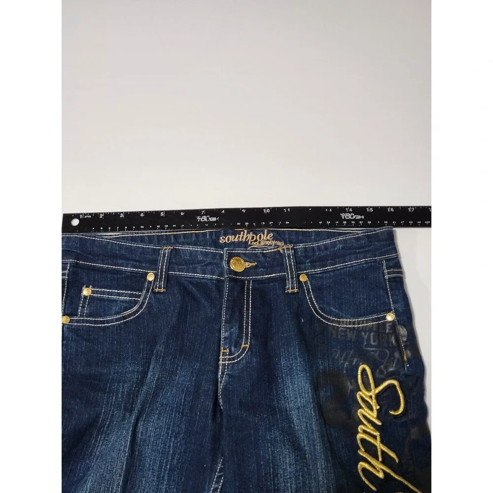 Southpole Y2K Womens Flare Jeans Dark Wash Gold Embroidered Streetwear Size 9